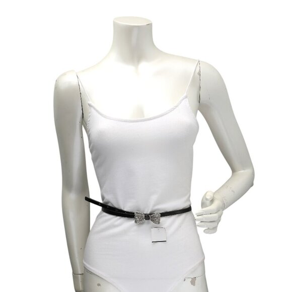 Faux Patent Leather Skinny Belt Metal Bow Mesh Black Glossy Party Y2K Retro - Picture 2 of 9